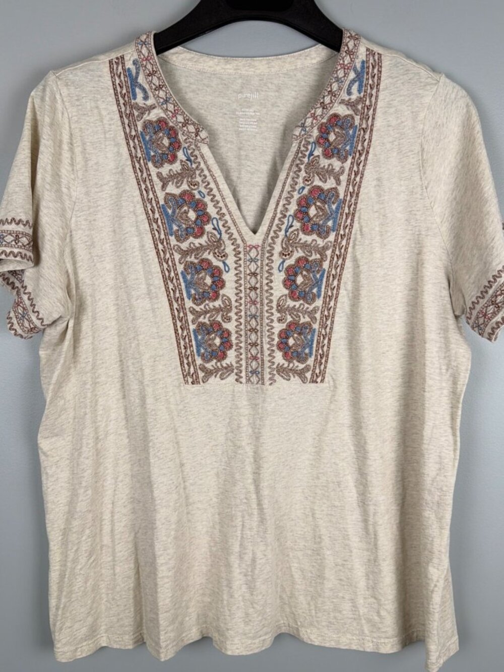 Pure J. Jill Shirt Women L Oatmeal Embroidered Cotton Bohemian Resortwear Travel